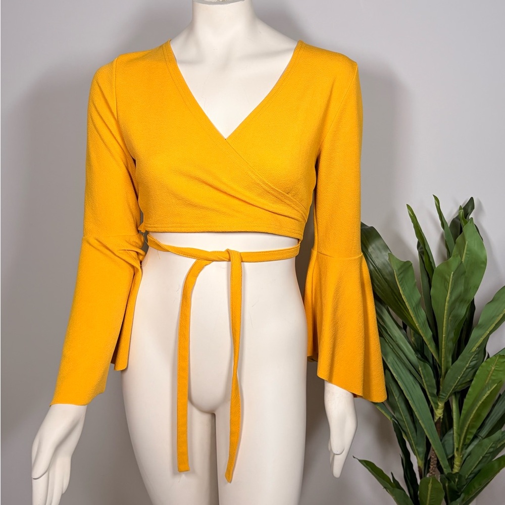 Yellow Wrap Crop Top with Bell Sleeves